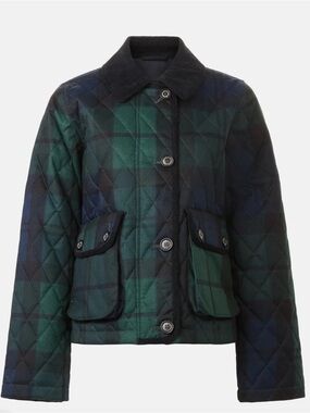 Barbour Louden Quilted Jacket Blue Green Black Plaid Check Corduroy Collar US 6
